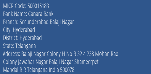 Canara Bank Secunderabad Balaji Nagar Branch Address Details and MICR Code 500015183