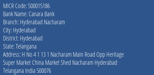 Canara Bank Hyderabad Nacharam Branch Address Details and MICR Code 500015186