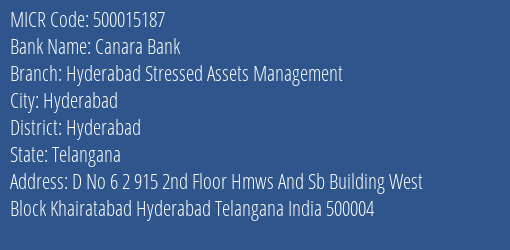 Canara Bank Hyderabad Stressed Assets Management Branch Address Details and MICR Code 500015187