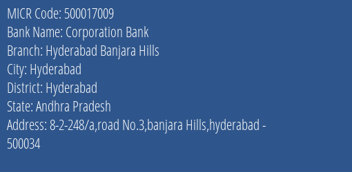 Corporation Bank Hyderabad Banjara Hills MICR Code