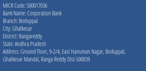 Corporation Bank Boduppal Branch Address Details and MICR Code 500017036
