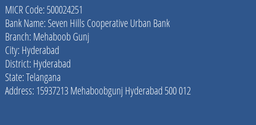 Seven Hills Cooperative Urban Bank Mehaboob Gunj MICR Code