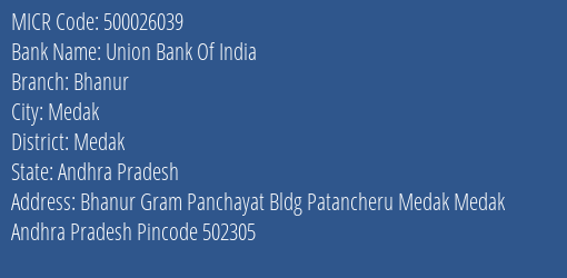 Union Bank Of India Bhanur MICR Code