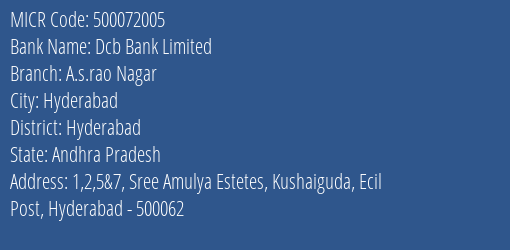 Dcb Bank Limited A.s.rao Nagar MICR Code