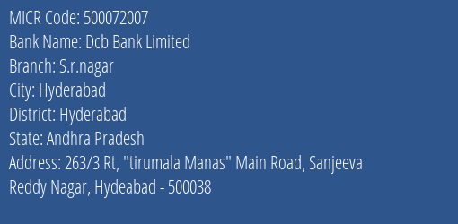 Dcb Bank Limited S.r.nagar MICR Code