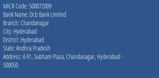 Dcb Bank Limited Chandanagar MICR Code