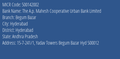 The A.p. Mahesh Cooperative Urban Bank Limited Begum Bazar MICR Code