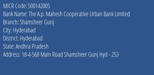 The A.p. Mahesh Cooperative Urban Bank Limited Shamsheer Gunj MICR Code