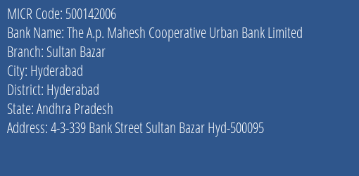 The A.p. Mahesh Cooperative Urban Bank Limited Sultan Bazar MICR Code