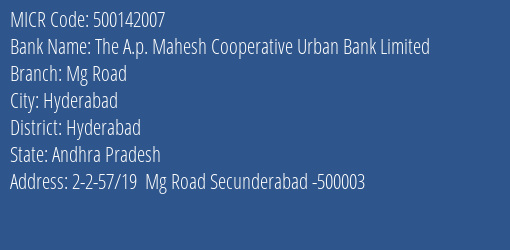 The A.p. Mahesh Cooperative Urban Bank Limited Mg Road MICR Code