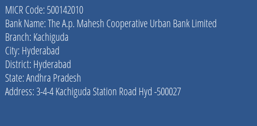 The A.p. Mahesh Cooperative Urban Bank Limited Kachiguda MICR Code