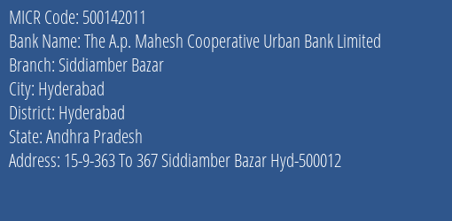 The A.p. Mahesh Cooperative Urban Bank Limited Siddiamber Bazar MICR Code
