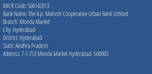 The A.p. Mahesh Cooperative Urban Bank Limited Monda Market MICR Code