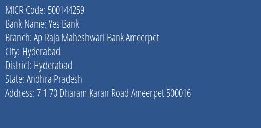 Ap Raja Maheshwari Bank Ameerpet Ameerpet MICR Code