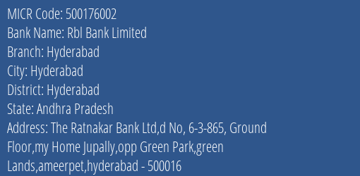 Rbl Bank Limited Hyderabad MICR Code
