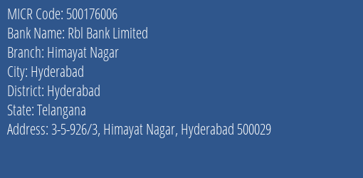 Rbl Bank Limited Himayat Nagar MICR Code