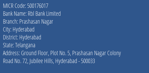 Rbl Bank Limited Prashasan Nagar MICR Code