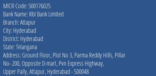 Rbl Bank Limited Attapur MICR Code