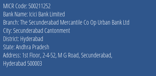 The Secunderabad Mercantile Co Op Urban Bank Ltd M G Road MICR Code