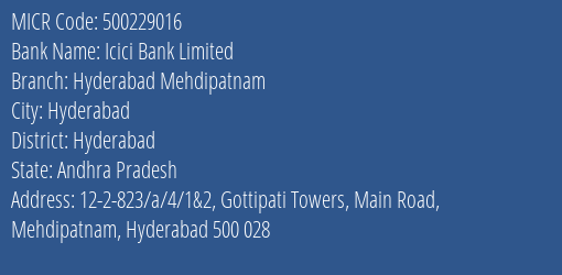 Icici Bank Limited Hyderabad Mehdipatnam MICR Code