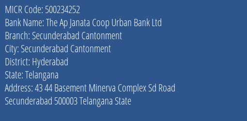 The Ap Janata Coop Urban Bank Ltd Secunderabad Cantonment MICR Code