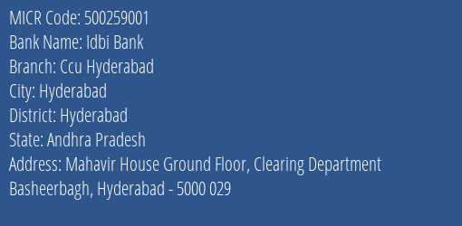 Idbi Bank Ccu Hyderabad MICR Code
