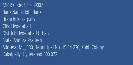Idbi Bank Kukatpally MICR Code