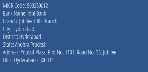 Idbi Bank Jubilee Hills Branch MICR Code