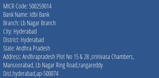 Idbi Bank Lb Nagar Branch MICR Code