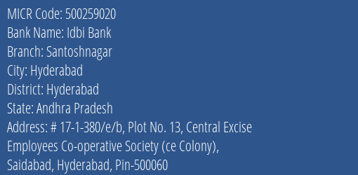 Idbi Bank Santoshnagar MICR Code
