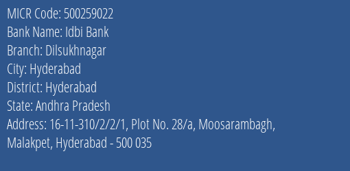 Idbi Bank Mehdipatnam MICR Code