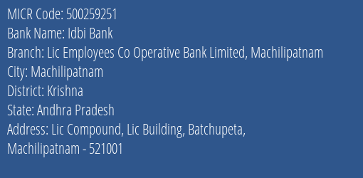 Lic Employees Co Operative Bank Limited Machilipatnam MICR Code