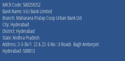 Maharana Pratap Coop Urban Bank Ltd Amberpet MICR Code