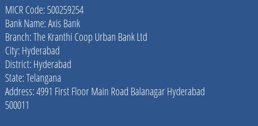 The Kranthi Coop Urban Bank Ltd Hyderabad MICR Code