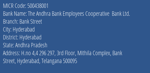 The Andhra Bank Employees Cooperative Bank Ltd. Bank Street MICR Code