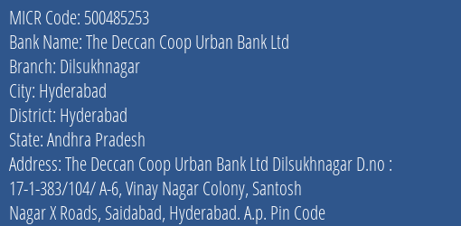 The Deccan Coop Urban Bank Ltd Dilsukhnagar MICR Code