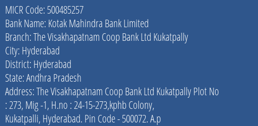 The Visakhapatnam Coop Bank Ltd Kukatpally MICR Code