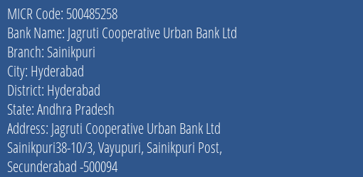 Jagruti Cooperative Urban Bank Ltd Sainikpuri MICR Code