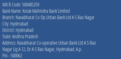 Navabharat Co Op Urban Bank Ltd A S Rao Nagar MICR Code