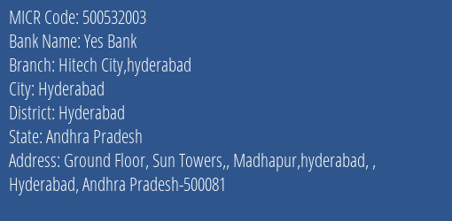 Yes Bank Hitech City Hyderabad MICR Code