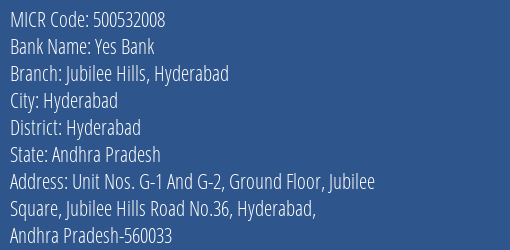 Yes Bank Jubilee Hills Hyderabad MICR Code