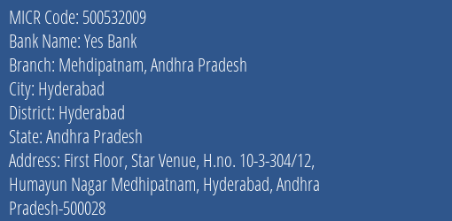 Yes Bank Mehdipatnam Andhra Pradesh MICR Code