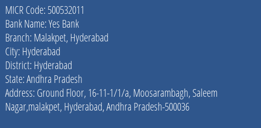 Yes Bank Malakpet Hyderabad MICR Code