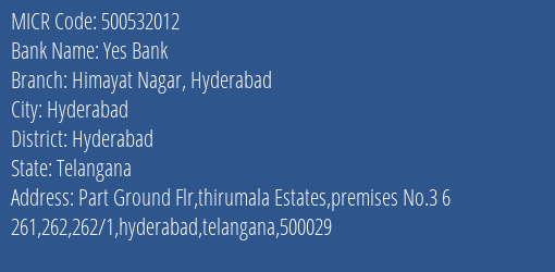 Yes Bank Himayat Nagar Hyderabad MICR Code