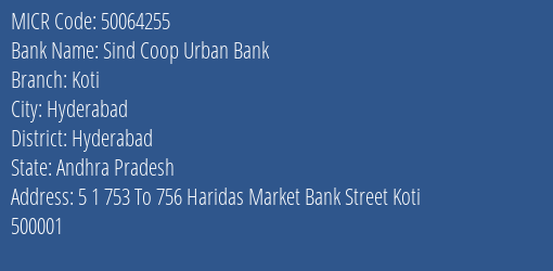 Sind Coop Urban Bank Pg Road MICR Code