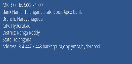 Telangana State Coop Apex Bank Narayanaguda MICR Code