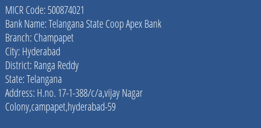 Telangana State Coop Apex Bank Champapet MICR Code