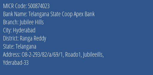 Telangana State Coop Apex Bank Jubilee Hills MICR Code