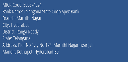 Telangana State Coop Apex Bank Maruthi Nagar MICR Code