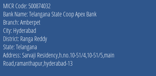 Telangana State Coop Apex Bank Amberpet MICR Code